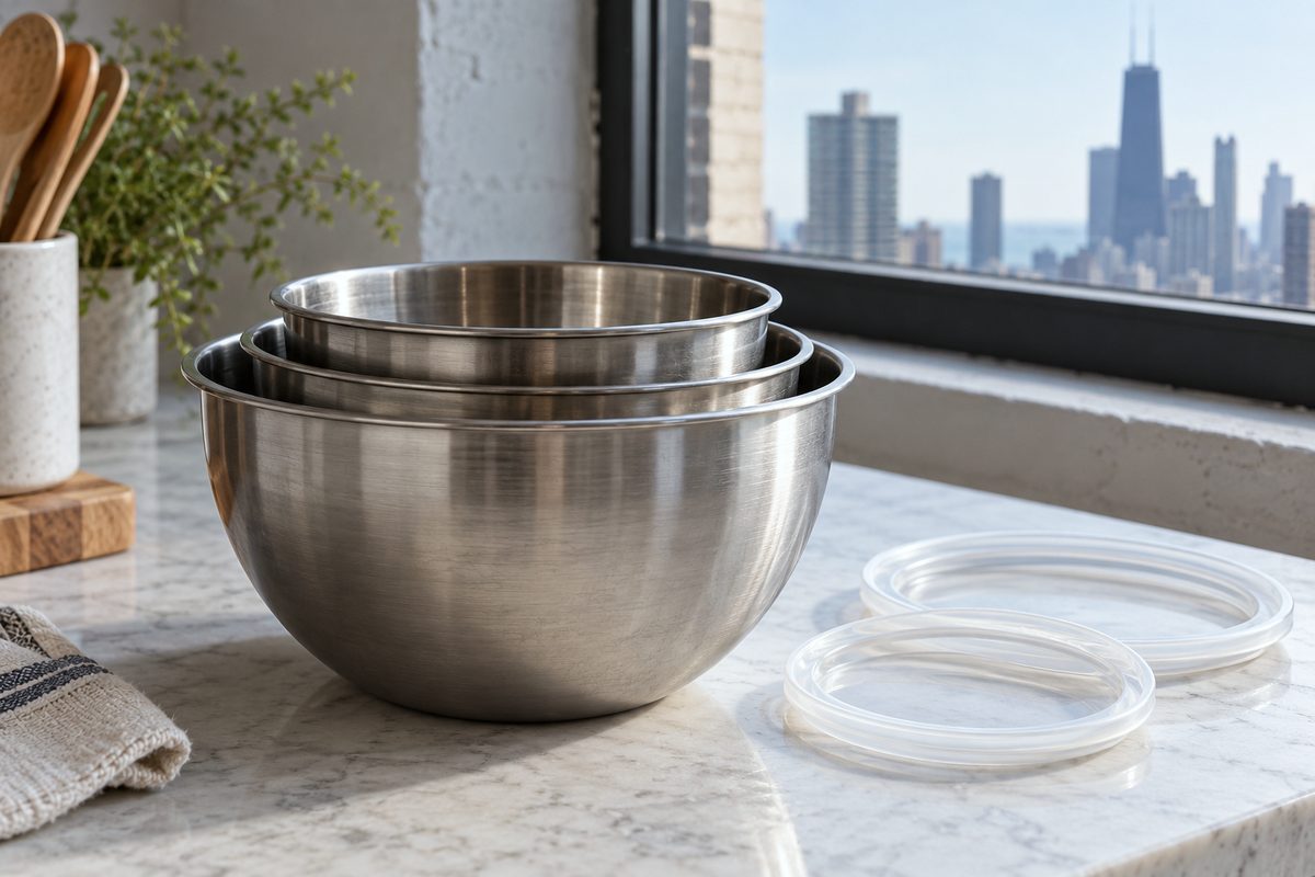 Three graduated stainless steel mixing bowls with non-slip bases nested together