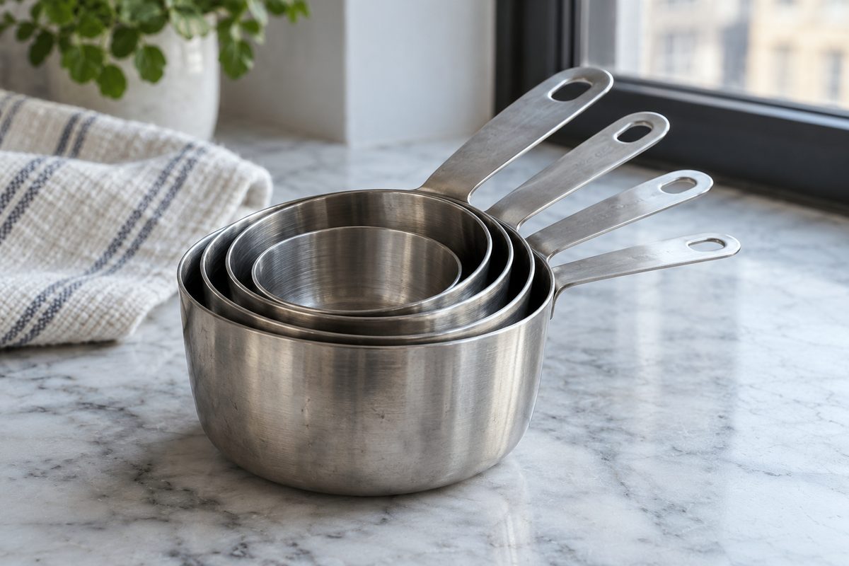 Nested stainless steel measuring cups with stamped measurement handles