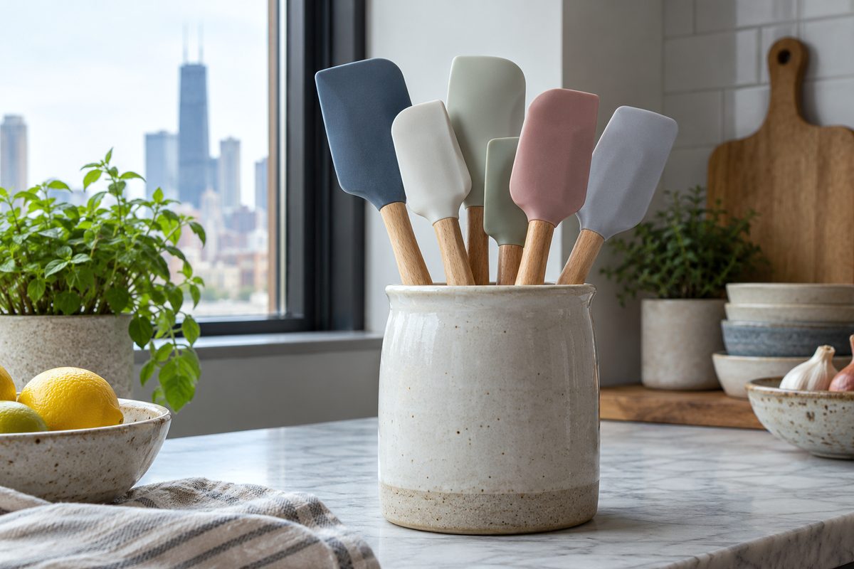Set of gray silicone and solid beech cooking utensils resting in a ceramic crock