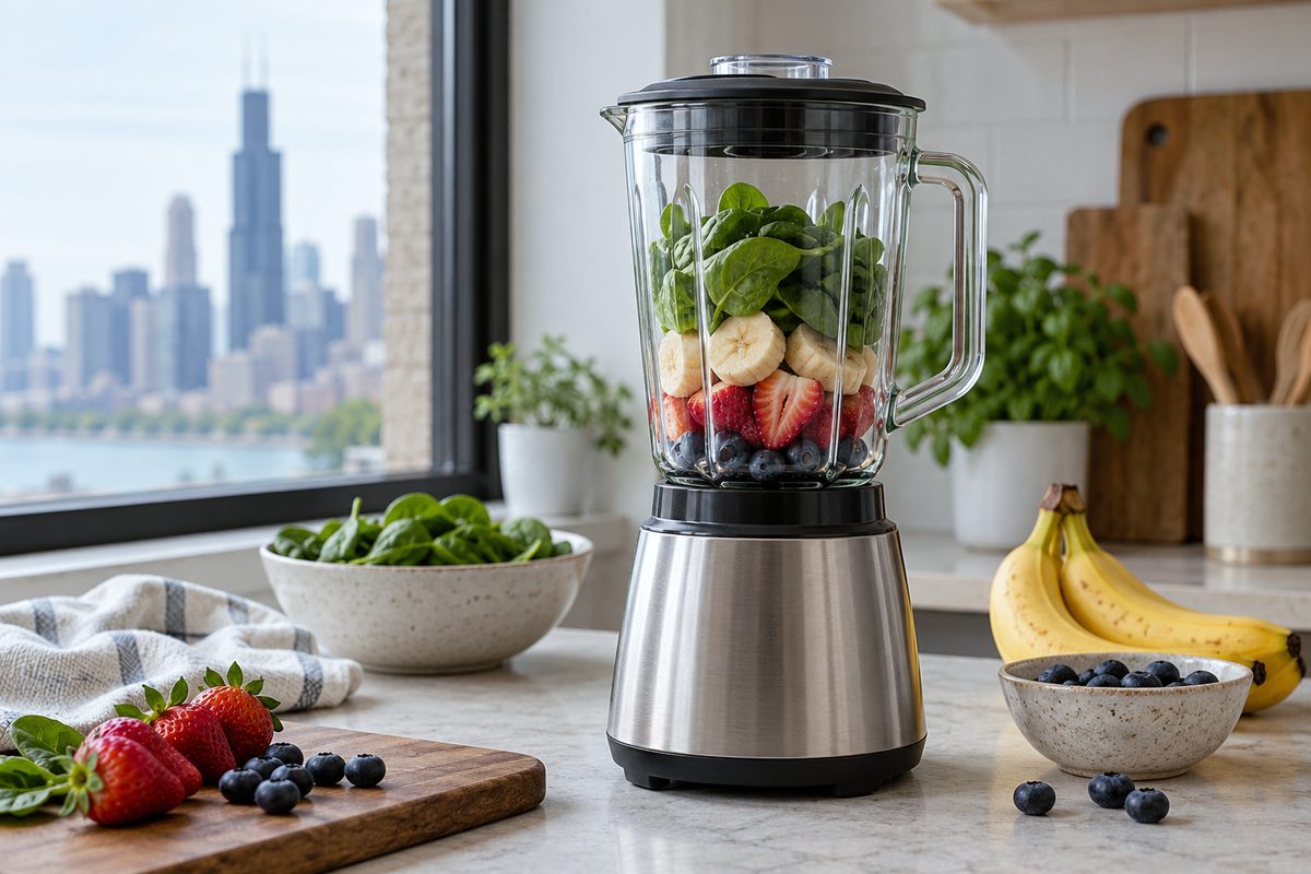Countertop pulse blender with heavy glass jar resting on a clean light ground