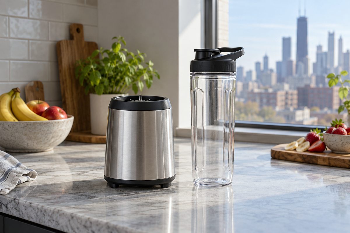 Compact personal smoothie blender with detachable sport drinking container