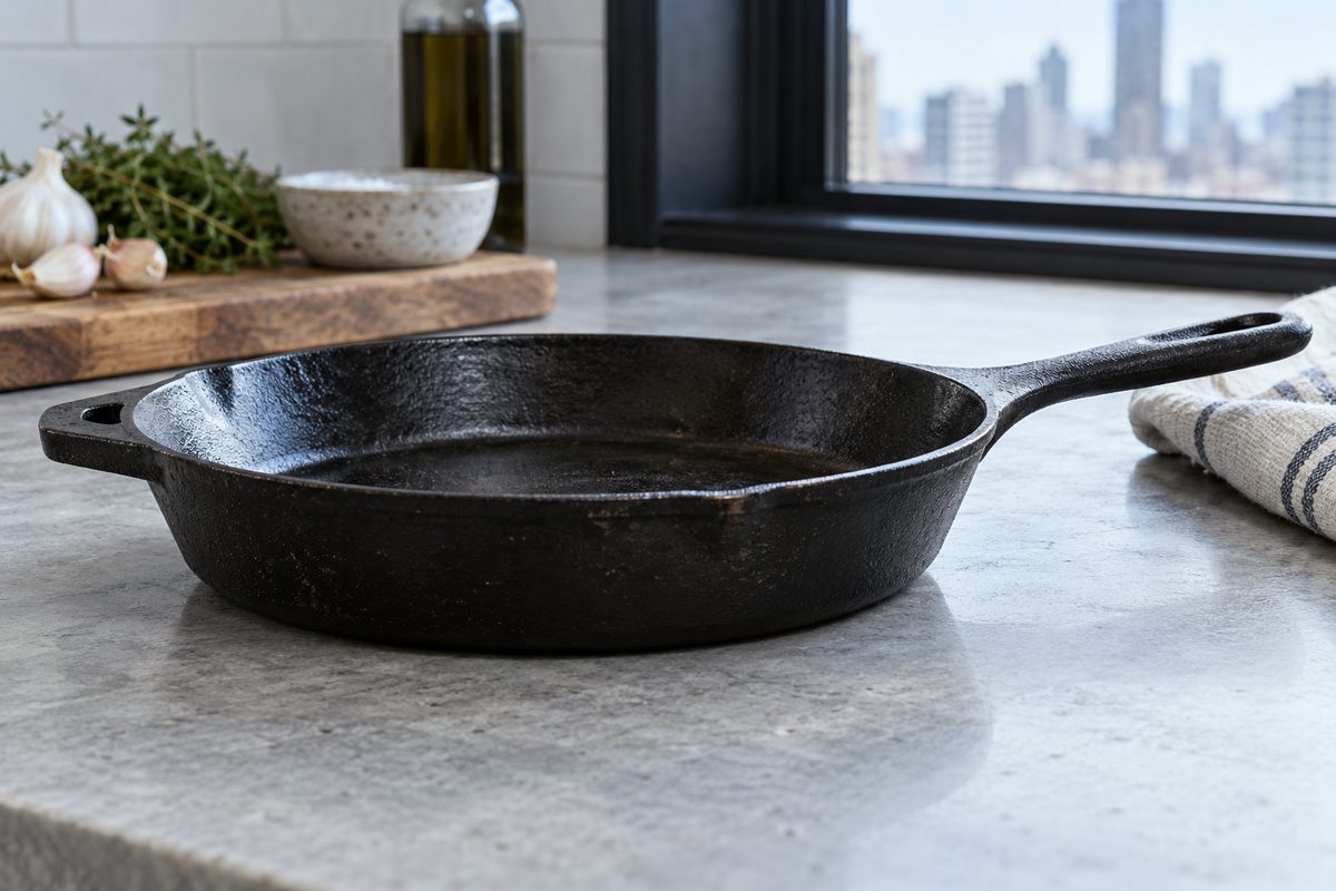 Side profile of three-ply stainless steel sauté pan showing straight vertical walls and handle rivets