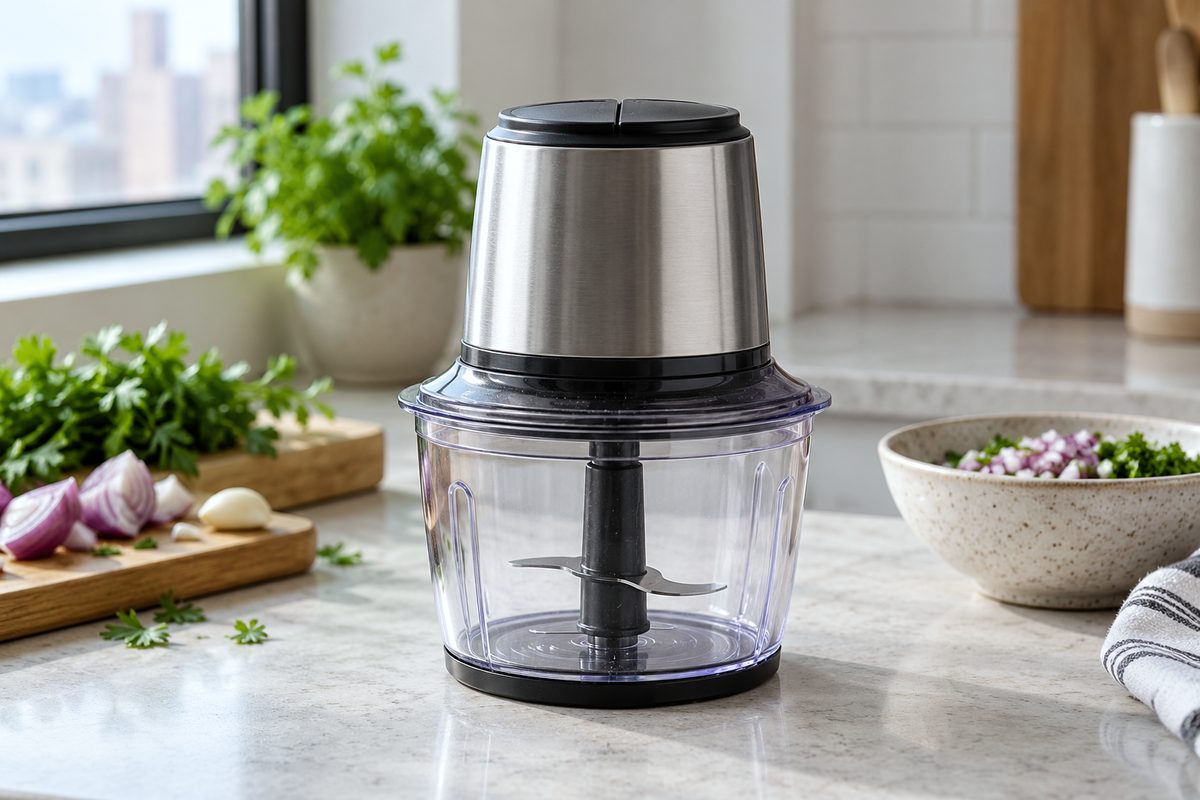 Electric mini food chopper with clear bowl and push-button lid mechanism