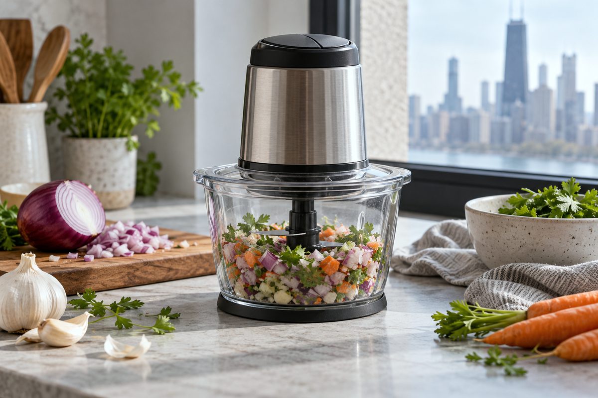 Multi-blade food chopper featuring heavy glass prep bowl and top motor head