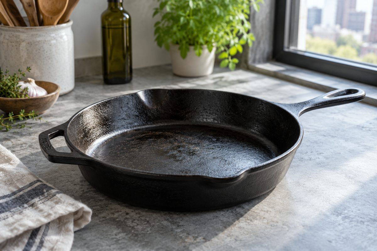 Black enameled cast iron ten-inch skillet resting flat on a cool slate surface