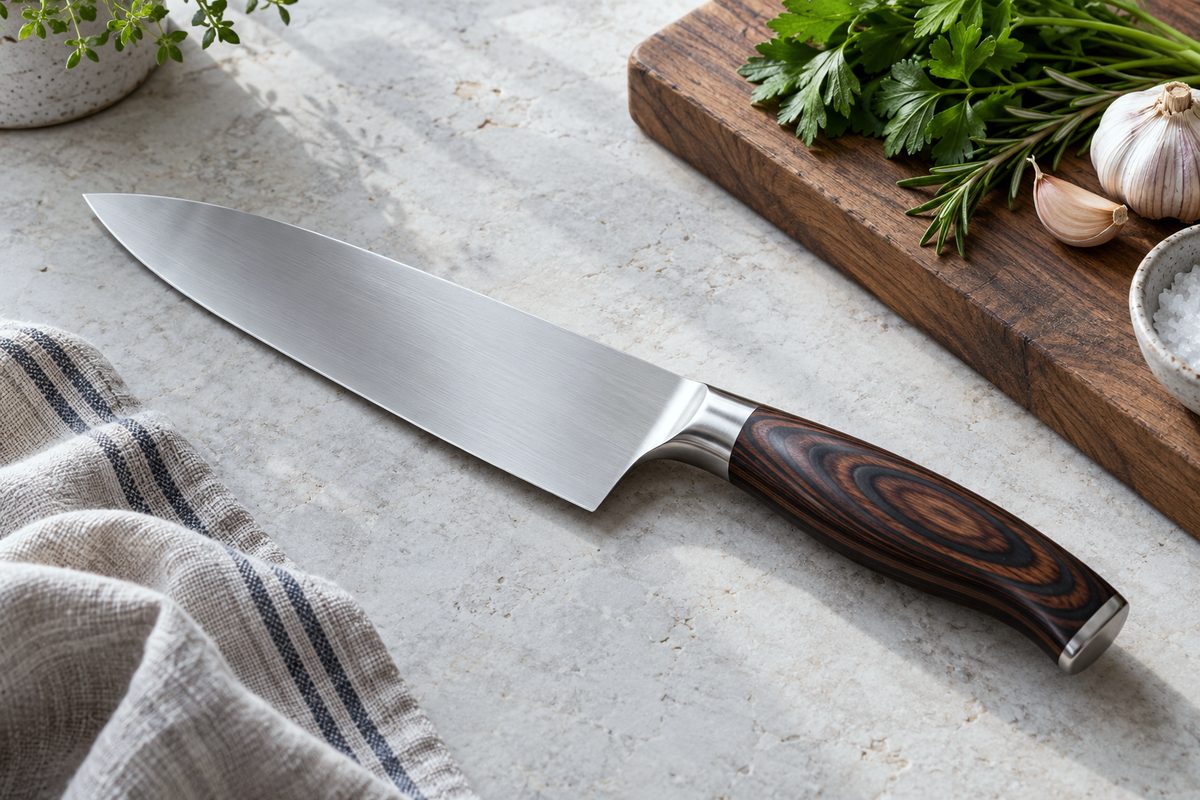 Forged eight-inch chef knife showing pakkawood handle and bolster on stone