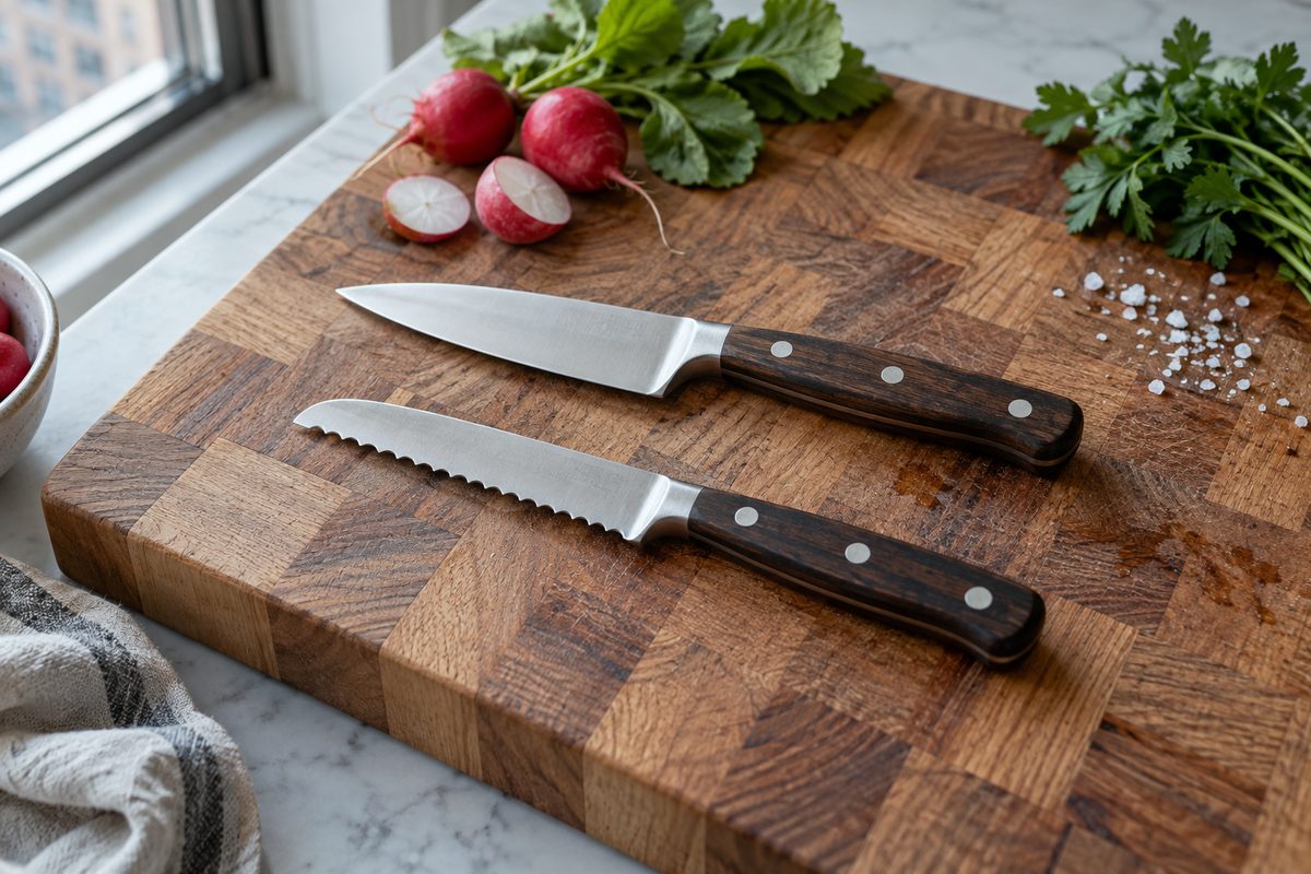Small utility knife and paring knife resting on an end-grain cutting board