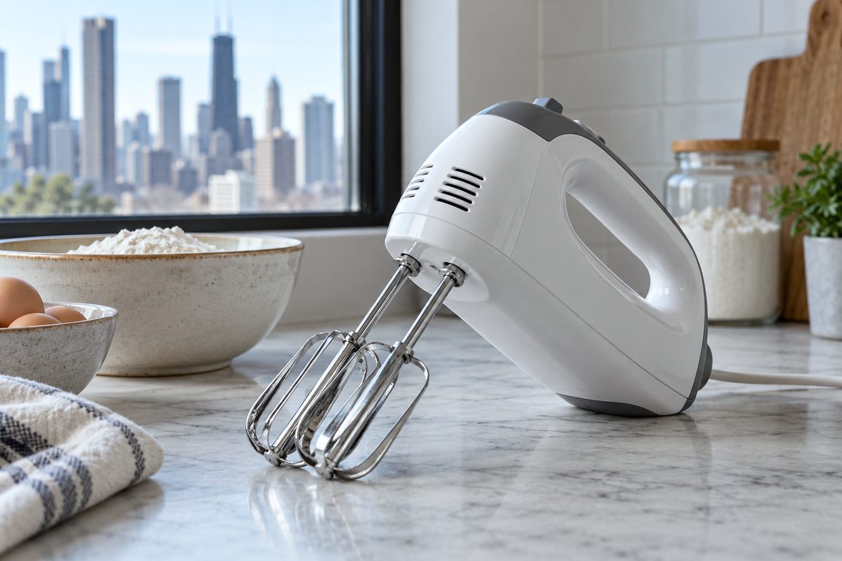 Compact five-speed electric hand mixer fitted with twin stainless beaters