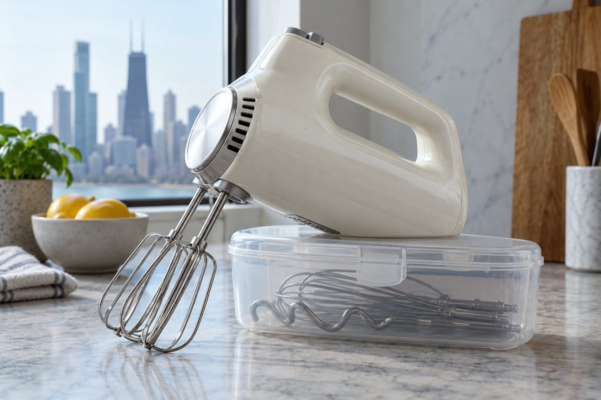 Electric hand mixer docked onto its clear snap-on beater storage compartment