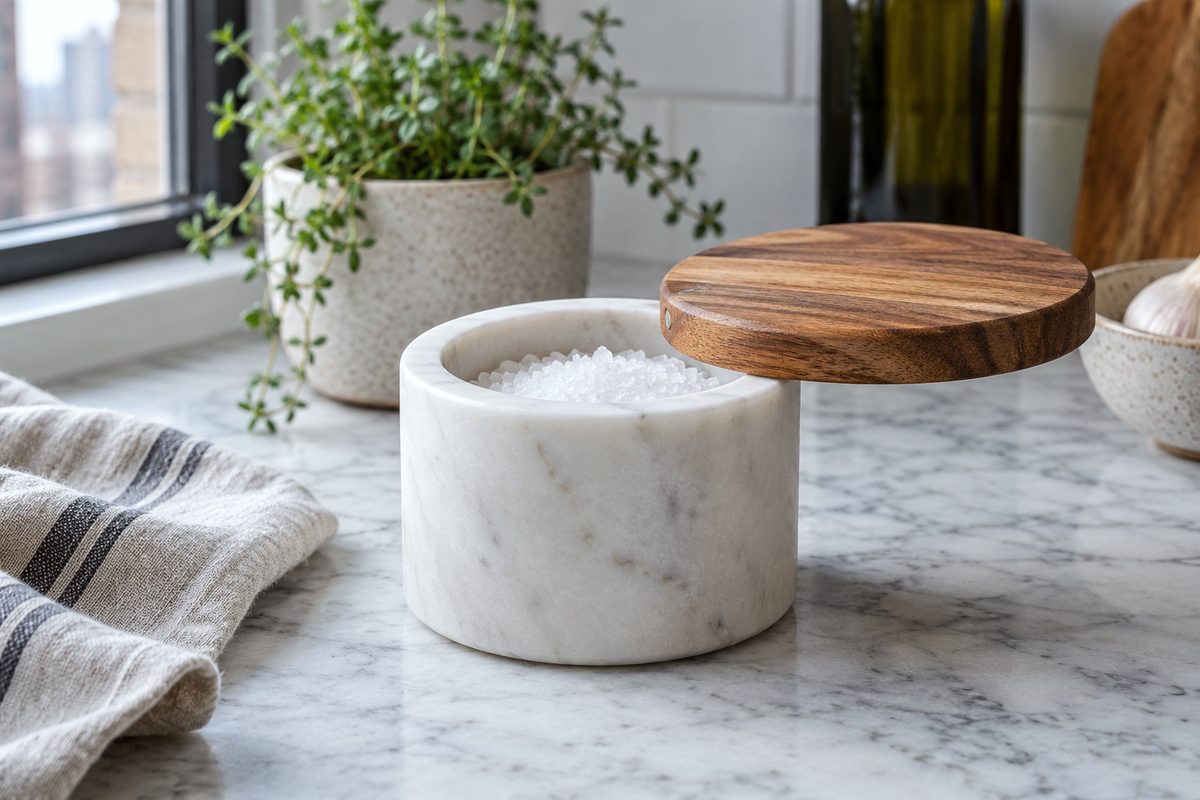 Solid white marble salt pinch cellar with open acacia wood magnetic lid