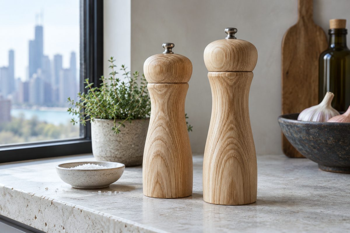 Pair of turned ash wood salt and pepper grinders on a pale display shelf