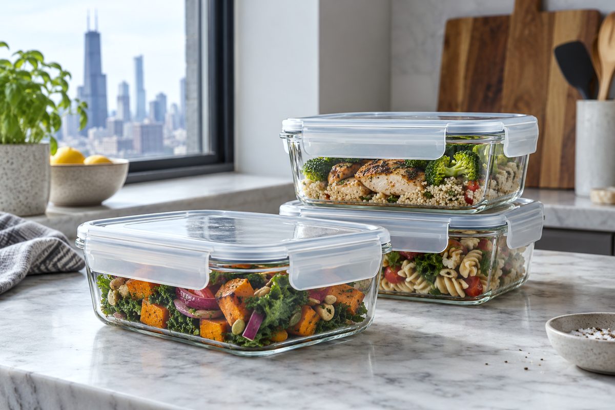 Rectangular borosilicate glass meal prep storage dishes with latch lids
