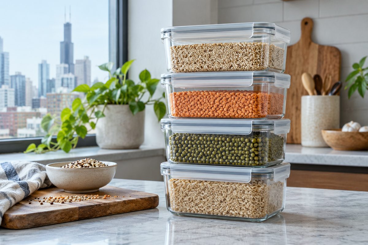 Modular clear stackable pantry containers with airtight silicone clamp lids
