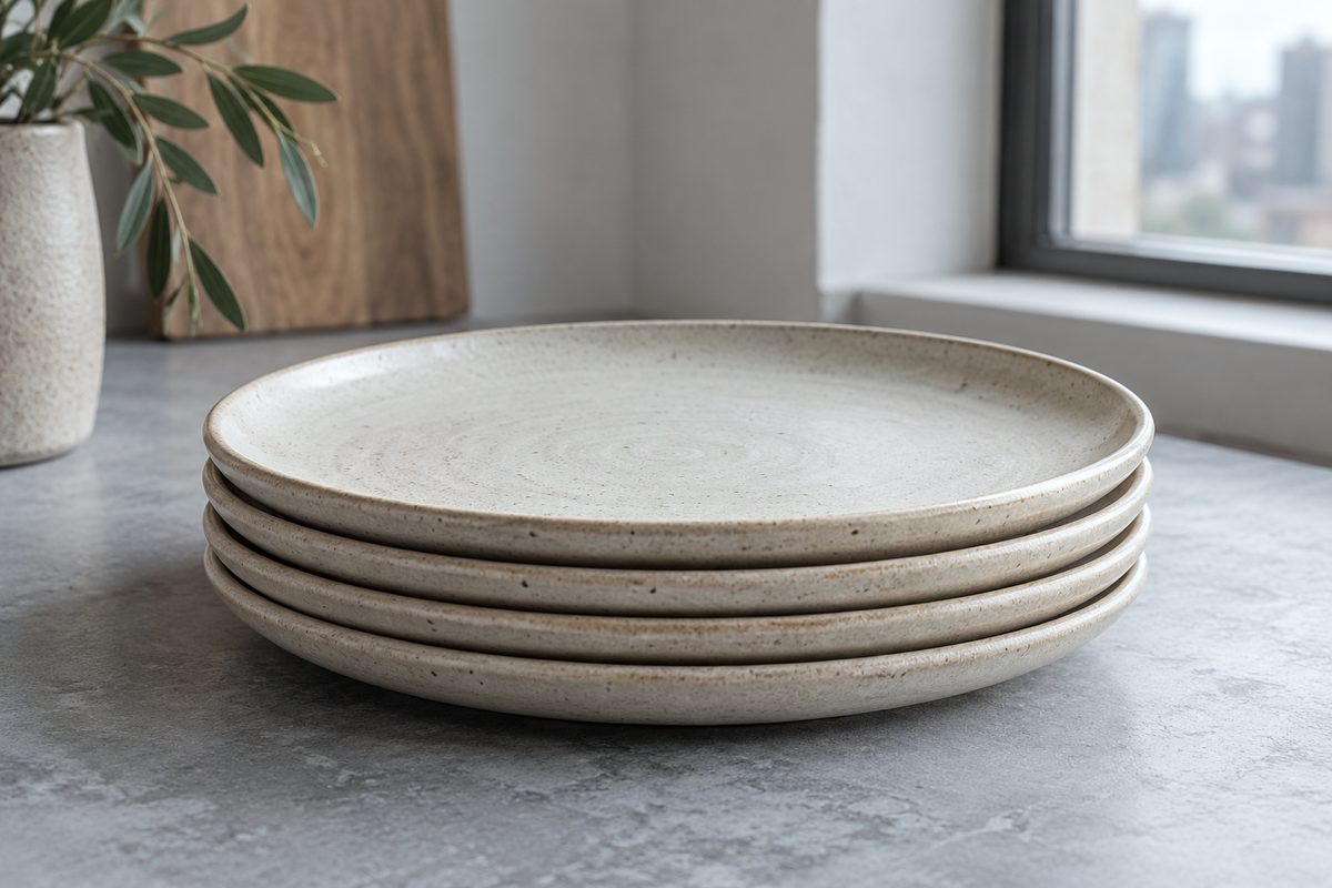 Stack of four stoneware dinner plates with matte glaze on a cool gray bench